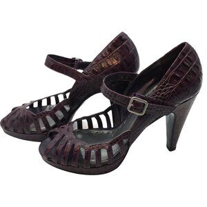 BCBGirls Heels 5" Caged‎ Cutout Leather Faux Croc Embossed Size 10 Dark Purple